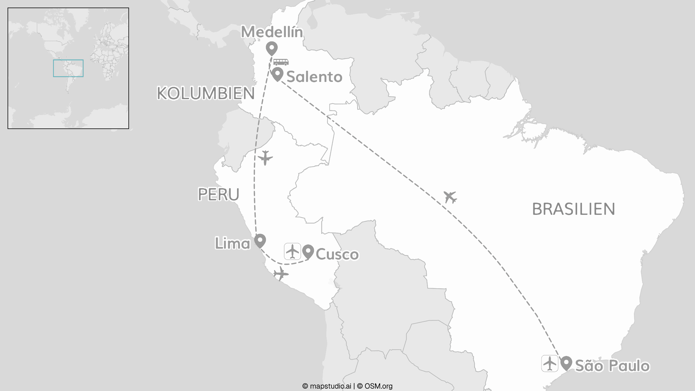 2 for 1 Südamerika: Brasilien, Kolumbien mit Salento & Peru
